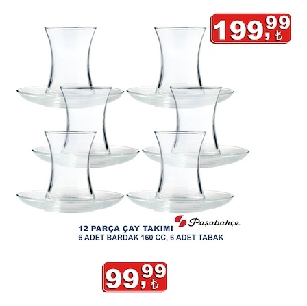 Paşabahçe 12 Parça Çay Takımı 6 Adet Bardak 160 Cc, 6 Adet Tabak