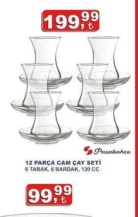 Paşabahçe 12 Parça Cam Çay Seti 6 Tabak, 6 Bardak, 130 Cc