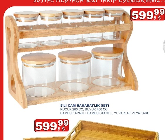 8'Li Cam Baharatlık Seti Küçük 200 Cc, Büyük 400 Cc Bambu Kapaklı, Bambu Stantlı, Yuvarlak Veya Kare