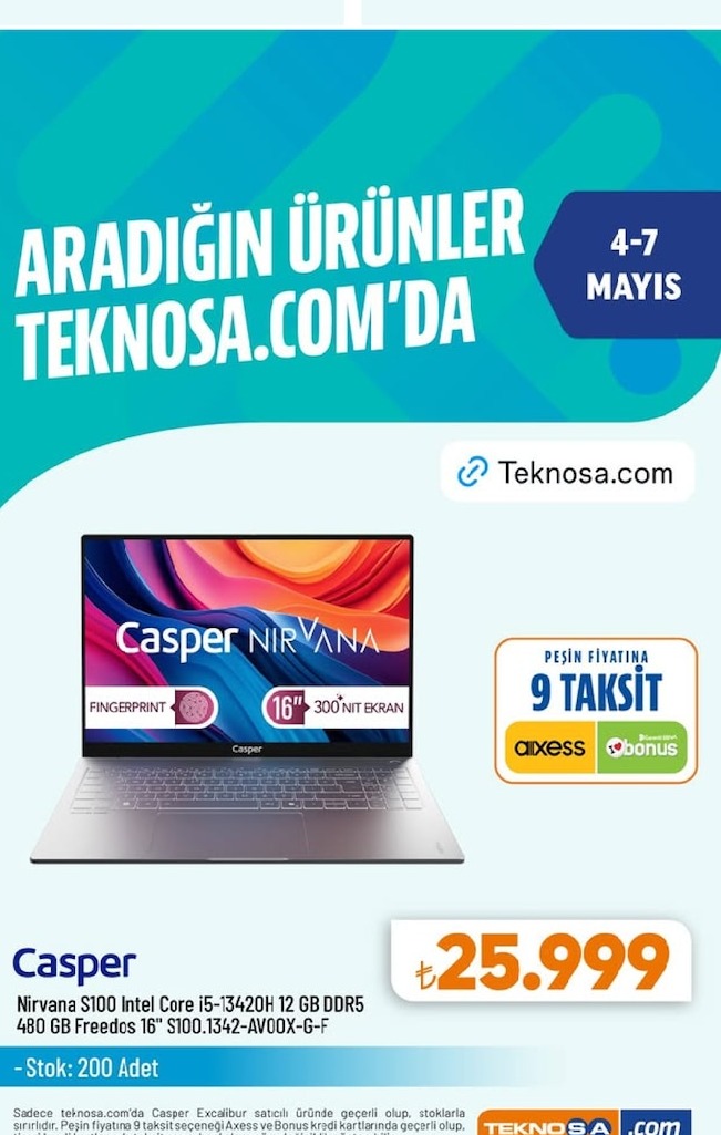 Casper Nirvana S100 Intel Core I5-13420H 12 Gb Ddr5 480 Gb Freedos 16" 300 Nit Ekran