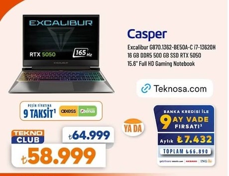 Casper Excalibur G870.1362-Be50A-C Intel Core I7-13620H 16 Gb Ram 500 Gb Ssd Rtx 5050 15.6 Inch Full Hd Gaming Notebook