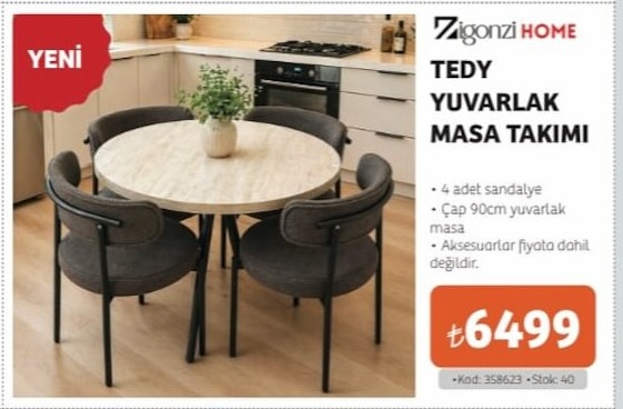 Zigonzi Home Tedy Yuvarlak Masa Takimi 4 Sandalye 90Cm