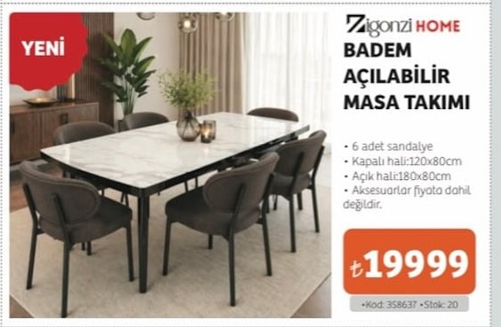 Zigonzi Home Badem Açilabilir Masa Takimi 6 Sandalye 180X80Cm