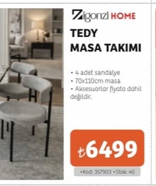 Zigonzi Home Tedy Masa Takimi 4 Kişilik