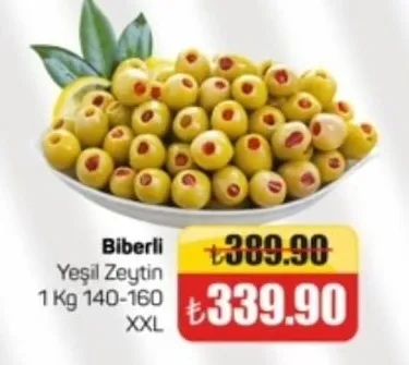 Biberli Yeşil Zeytin 1 Kg 140-160 Xxl