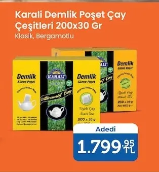 Karali Demlik Poşet Çay Çeşitleri 200X30 Gr Klasik, Bergamotlu