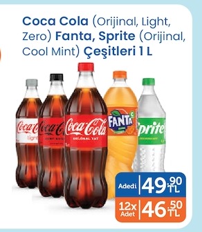 Coca Cola (Orijinal, Light, Zero) Fanta, Sprite (Orijinal, Cool Mint) Çeşitleri 1 L