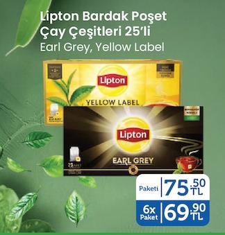 Lipton Bardak Poşet Çay Çeşitleri 25'Li Earl Grey, Yellow Label