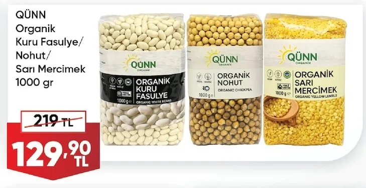 Qünn Organik Kuru Fasulye/Nohut/Sarı Mercimek 1000 Gr