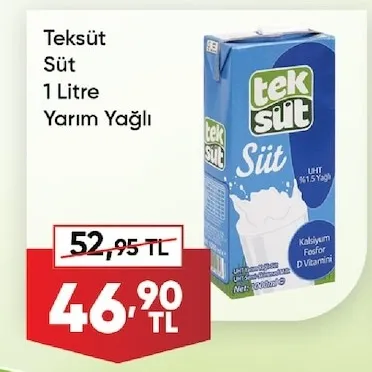 Teksüt Süt 1 Litre Yarım Yağlı
