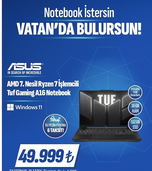 Asus Amd 7. Nesil Ryzen 7 İşlemcili Tuf Gaming A16 Notebook