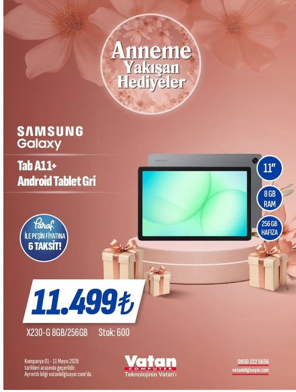 Samsung Galaxy Tab A11+ Android Tablet Gri 11", 8Gb Ram, 256Gb Hafiza