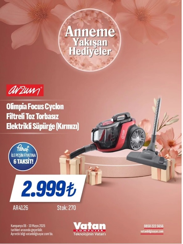 Arzum Olimpia Focus Cyclon Filtreli Toz Torbasız Elektrikli Süpürge (Kırmızı)