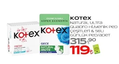 Kotex Natural Ultra Quadro Hijyenik Ped Çeşitleri & 56'Lı Günlük Ped