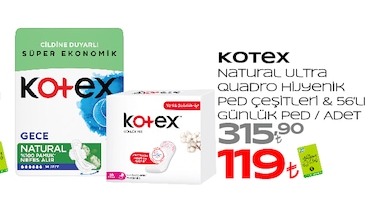 Kotex Natural Ultra Quadro Hijyenik Ped Çeşitleri & 56'Lı Günlük Ped / Adet