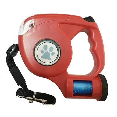 Kiwi Pets Makaralı 5 m Tasma + El Feneri + Kaka Torba Haznesi Seti Kırmızı