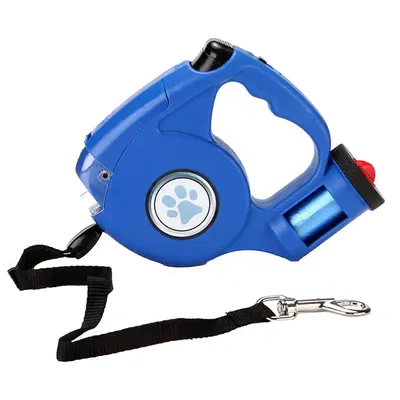 Kiwi Pets Makaralı 5 m Tasma + El Feneri + Kaka Torba Haznesi Seti Mavi