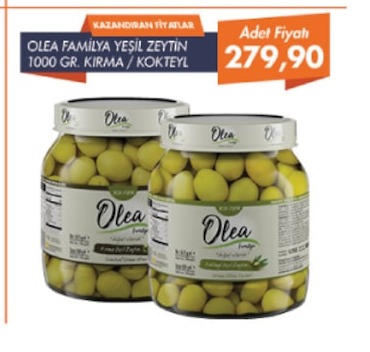 Olea Familya Yeşil Zeytin 1000 Gr. Kırma / Kokteyl