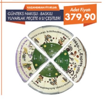 Günteks Nakışlı Baskılı Yuvarlak Peçete 6'Lı Çeşitleri