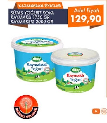 Sütaş Yoğurt Kova Kaymaklı 1750 Gr Kaymaksız 2000 Gr